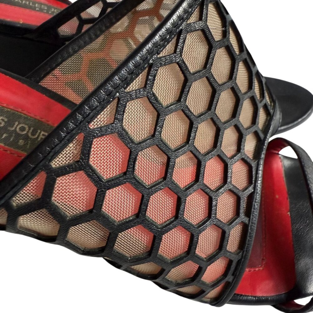 Charles Jourdan Paris Lennox Wedge Heels Sandals Mesh Honeycomb Cutout Slip-On - Picture 2 of 9